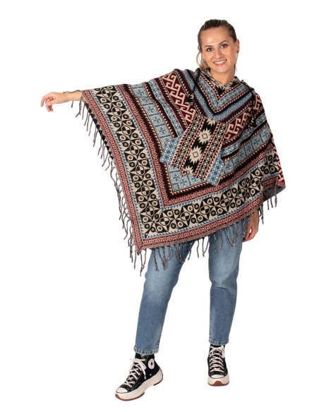 Poncho unisexe bohème à capuche et franges | Artisanat ethnique