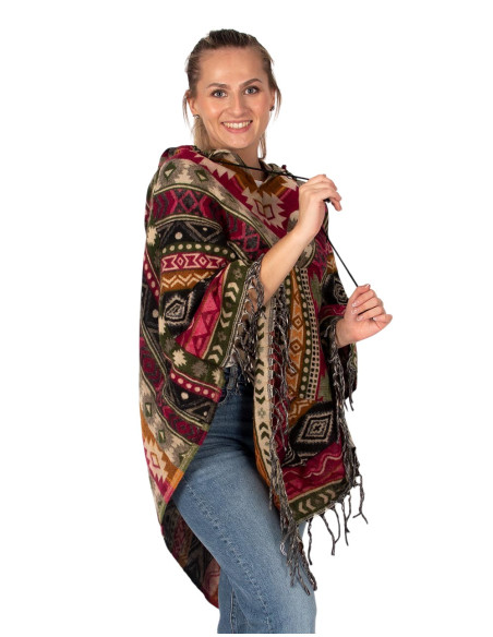 Poncho unisex estilo boho con capucha y flecos | Artesanía étnica