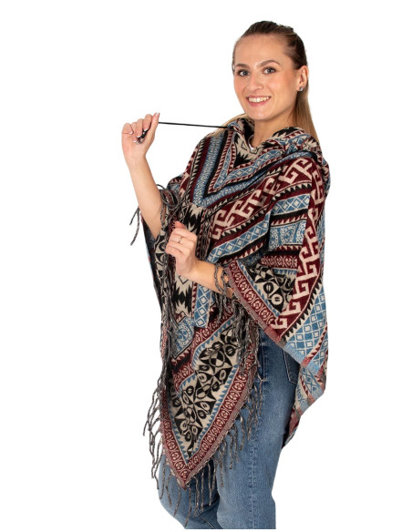 Unisex boho-style poncho with hood and fringe | Ethnic craftsmanship