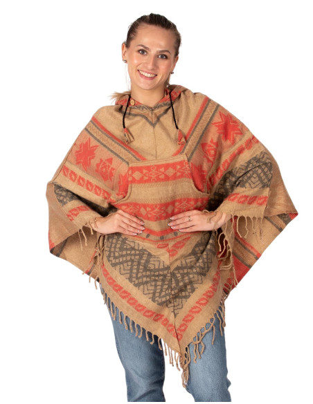 Poncho fatto a mano in cotone e lana con cappuccio – moda boho indiana