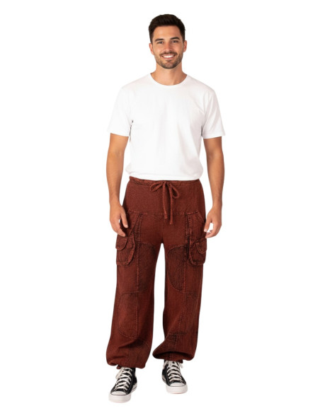 Pantaloni harem unisex in cotone bordeaux in stile etnico