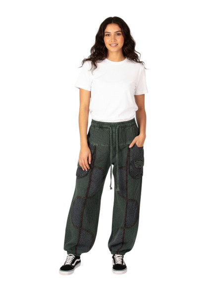 Pantaloni harem unisex in cotone verde in stile etnico