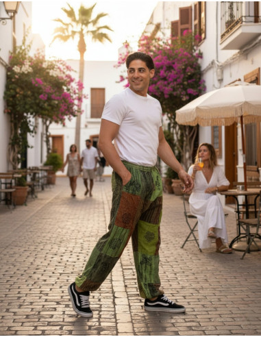 Pantalon harem unisexe patchwork en coton vert