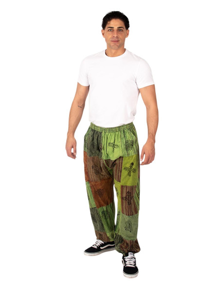Pantaloni harem unisex patchwork in cotone nei toni del verde