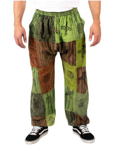 Pantalon harem unisexe patchwork en coton vert