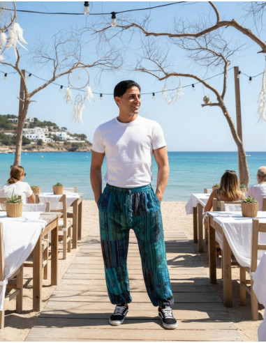 Pantaloni harem unisex in cotone azzurro patchwork