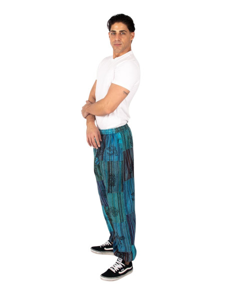 Pantaloni harem unisex in cotone azzurro patchwork