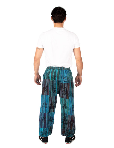Pantaloni harem unisex in cotone azzurro patchwork