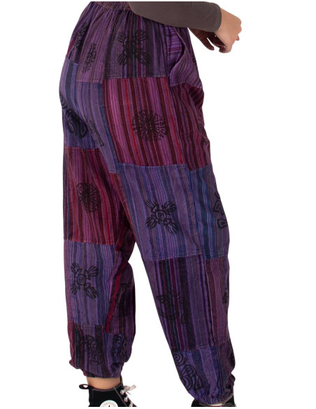 Pantalon harem unisexe patchwork en coton violet
