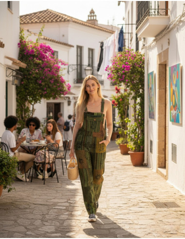 Tuta unisex in cotone verde patchwork fatta a...