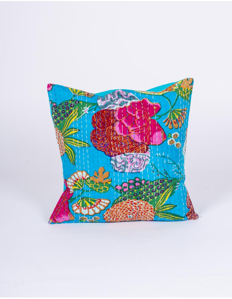 Housse de coussin Kimago bleu clair à motif floral 40x40 cm en coton fait main