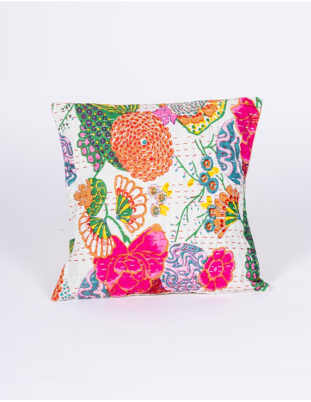 Housse de coussin blanche à motif floral 40x40 cm en coton fait main