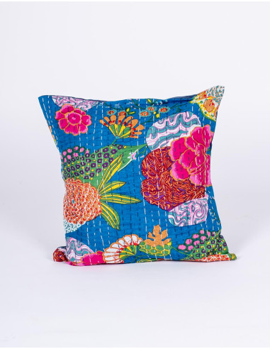 Fodera per cuscino in cotone blu con fiori