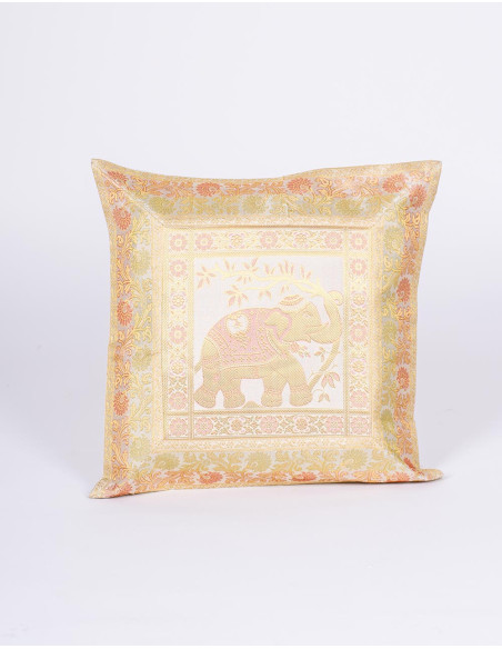 Housse de coussin blanche à motif éléphant – Décoration ethnique indienne