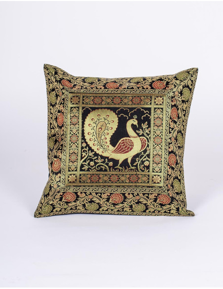 Housse de coussin noire à motif oiseau – Décoration ethnique faite main