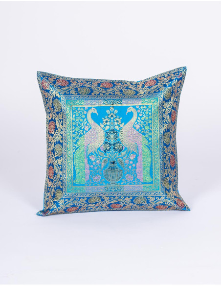 Light blue cushion cover with birds – Handmade boho decor