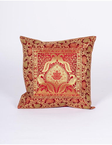 Burgundy cushion cover with decorative birds –...
