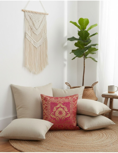 Pink cushion cover with decorative birds – Handmade ethnic design