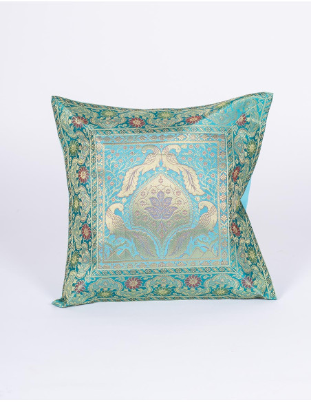 Fodera per cuscino turchese con uccelli e scudo – Decorazione etnica boho