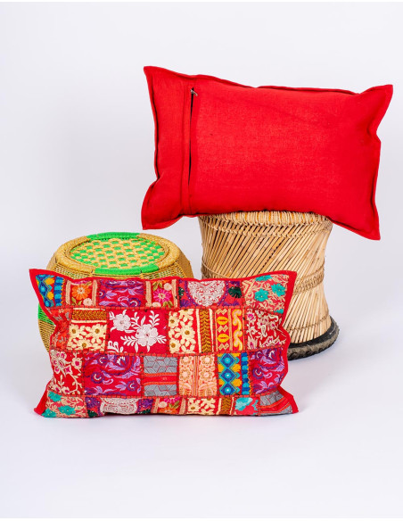 Red Patchwork Cushion Cover 60x40 – Unique Indian Handicraft