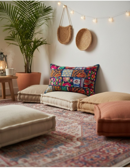 Almofada artesanal indiana em patchwork 60x40 – Capa étnica exclusiva