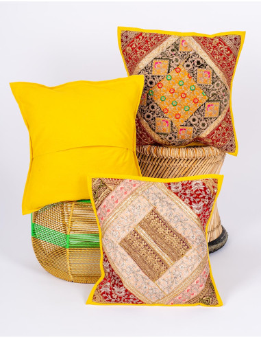 Coussin brodé indien jaune 40x40 – Housse...