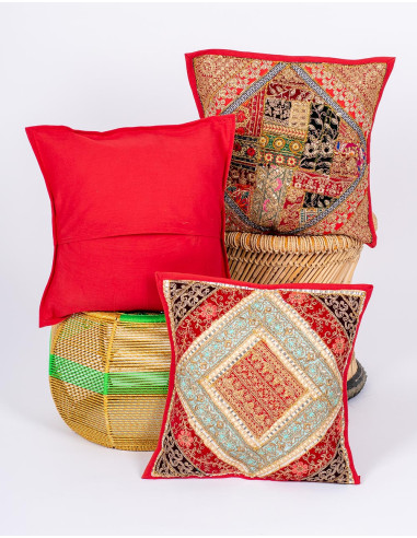 Coussin brodé indien rouge 40x40 – Housse...