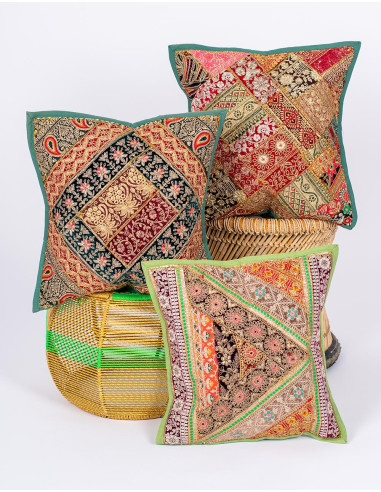 Coussin brodé indien vert 40x40 – Housse...