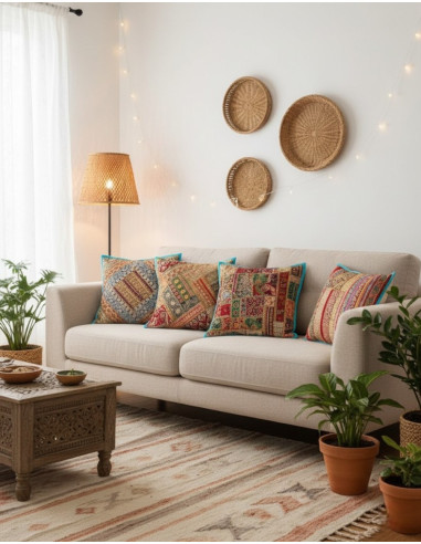 Hellblaues Kissen mit indischer Handstickerei,...