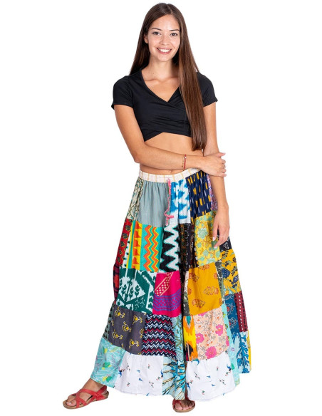 Langer Patchwork-Rock aus indischer Baumwolle – Ethnischer Boho-Stil