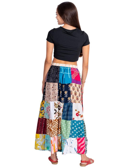 Saia longa indiana de algodão com patchwork – Estilo étnico boho