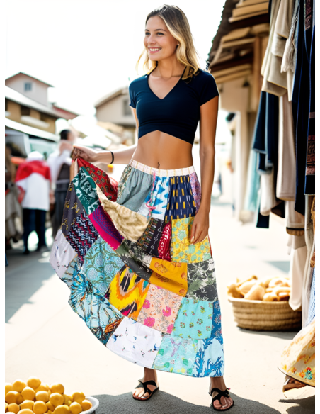 Saia longa indiana de algodão com patchwork – Estilo étnico boho