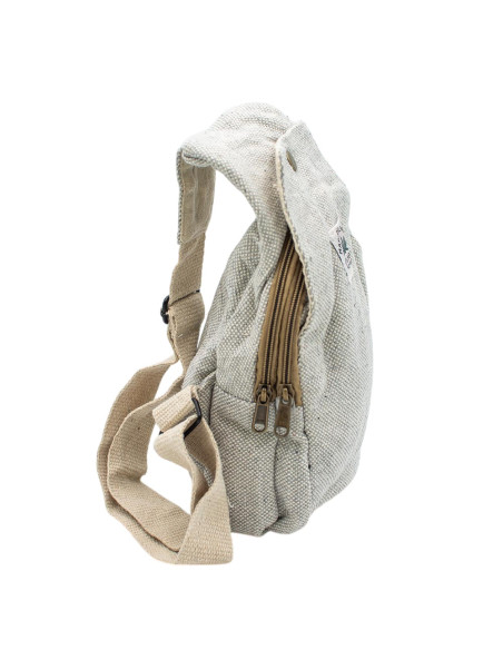 Mochila triangular de cânhamo natural e cinza – Unissex, feita à mão, estilo boho.