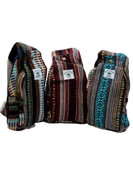 Mochila triangular multicolorida de cânhamo – Unissex, feita à mão, estilo boho