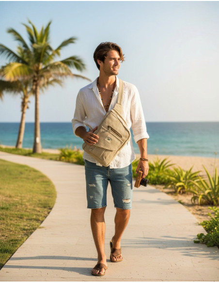 Sac à dos asymétrique en chanvre naturel – Unisexe, fait main, style bohème