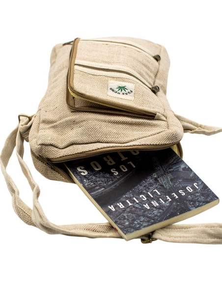Sac bandoulière unisexe en chanvre couleur os – Sac bohème à 5 poches