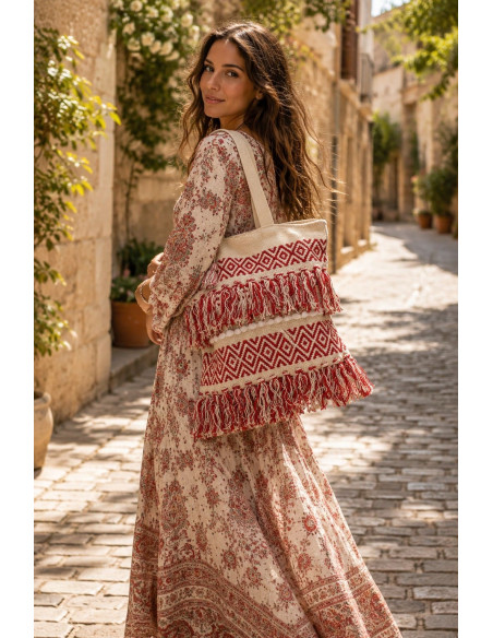 Sac bohème fait main avec franges et pompons – Style ethnique indien