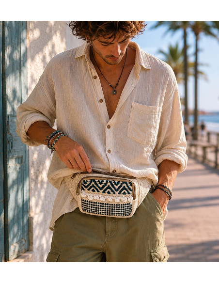 Handgefertigte Boho-Bauchtasche mit Fransen und Bommeln