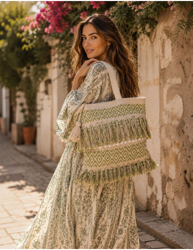 Sac bohème vert clair à pompons – Sac fait main...
