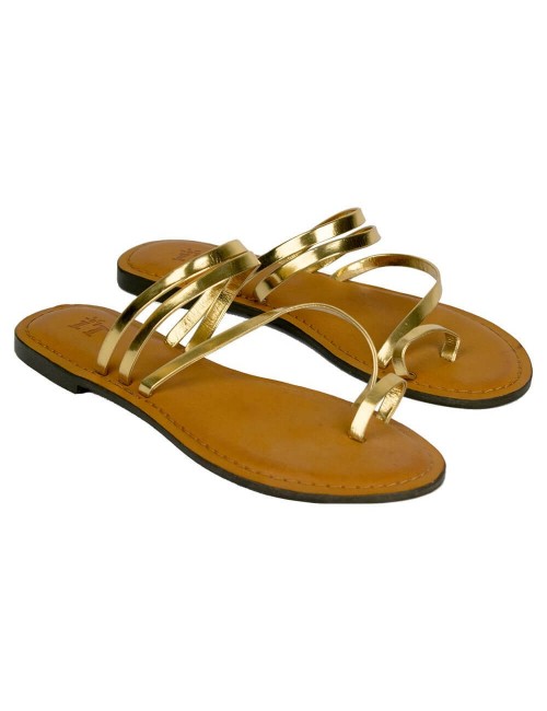 par de sandálias-ouro-tiras-couro-hippie