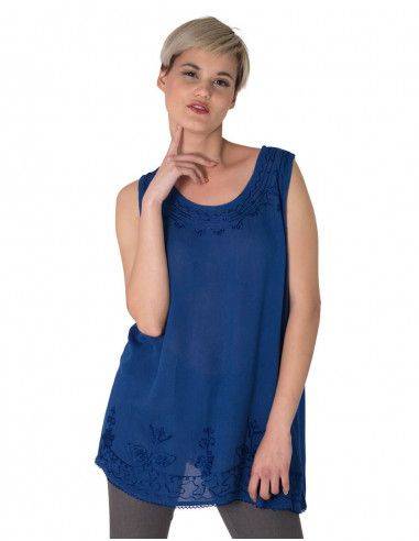 T-shirt-woman-without-sleeves-with-embroidery-blue