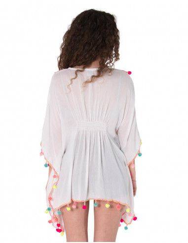 Poncho-Weiß-Pompons-Boho-Chic