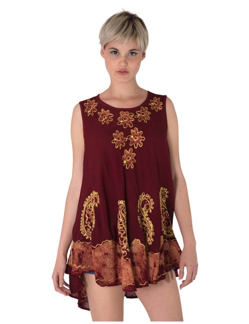 marrón-Camiseta-mujer-sin Manga-Étnica-Pintada-Bordada