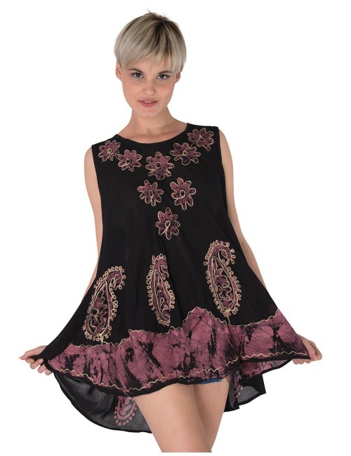 T-shirt-noir-femme-sans manche-ethnique-peint-brodé