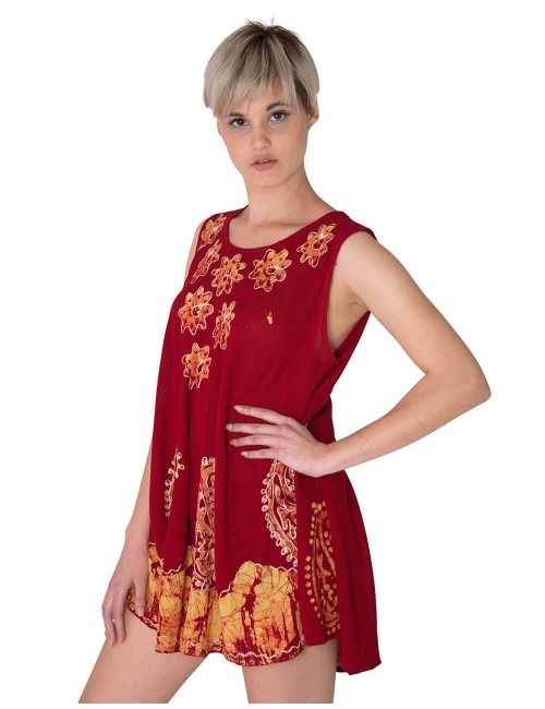 T-shirt-femme-sans manche-ethnique-peint-brodé-rouge