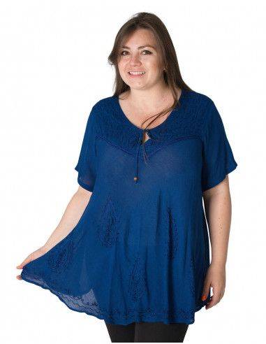 Bluse-Hemd-rote-Frau-plus-Größe-mit-Ärmeln-und-Stickerei