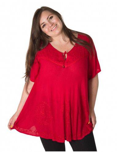 Women's red T-shirt blouse plus sizes with Sleeves and Embroidery