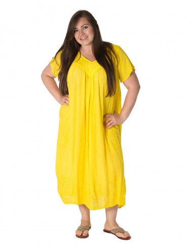 Lange-ökonomische-Kleid-Frau-plus-Größe-gelbe-Stickerei