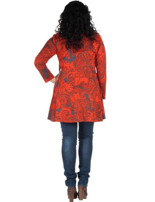 camicetta-taglie forti-arancio-grigio-stampato-etnico-schiena