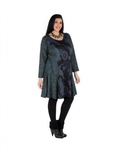 Kleid-plus-Größe-Schwarz-Print-Fenix-Grau